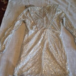 Silver Sequin Long Sleeve Dress